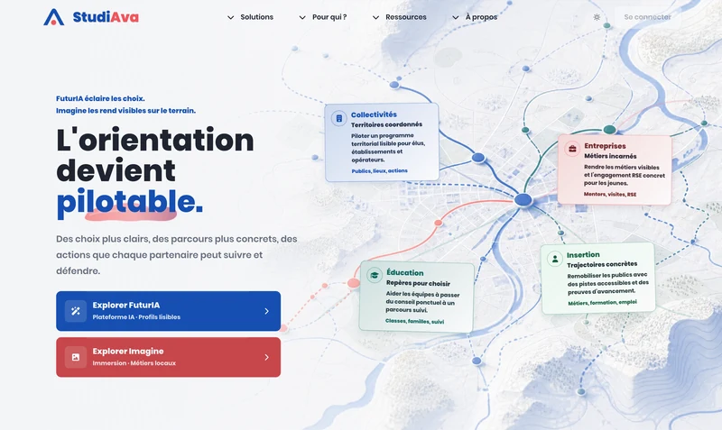 Page d’accueil StudiAva présentant les parcours d’orientation et leurs publics